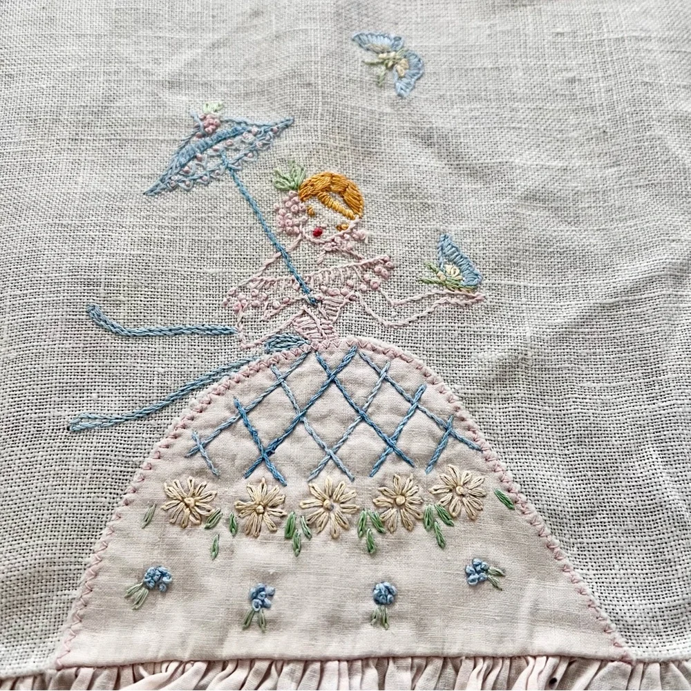 Cute Vintage 1950s Tea Towel Hand Stitched Dress Girl‎ With Umbrella 20” X 11.5”
